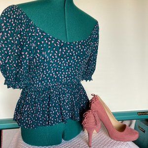 Patrons of Peace Puff Sleeve On/Off Shoulder Green & Pink Peplum Ruched Top sz S